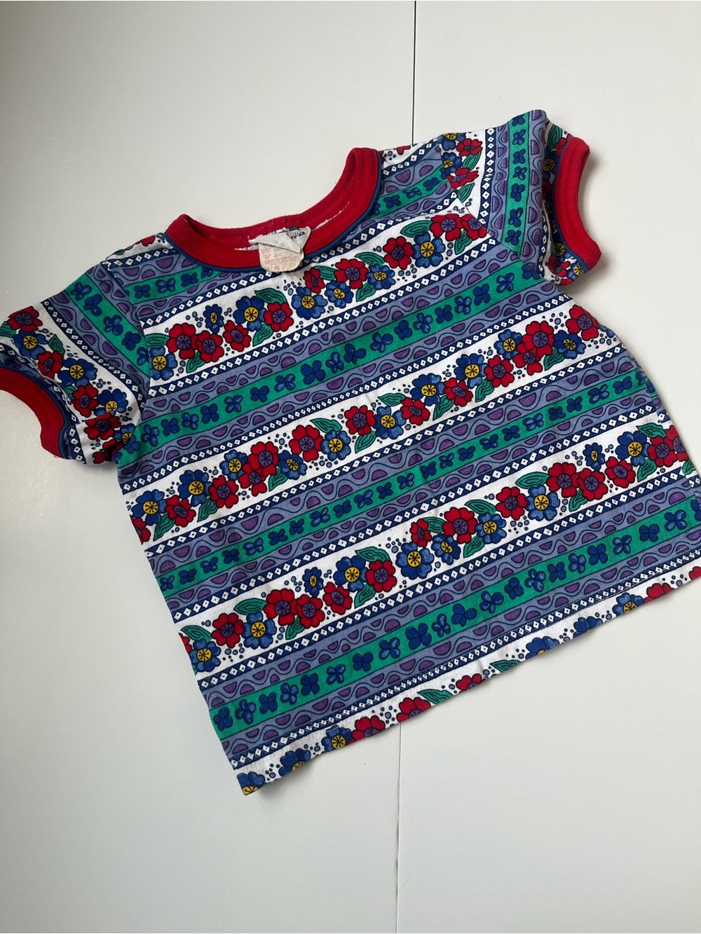 Kids Colorful Vintage Floral Stripe Short Sleeve Tee - Red Trim